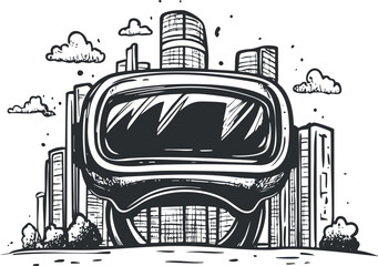 Obraz premium Black and white sketch of a virtual reality headset with a cityscape background and clouds
