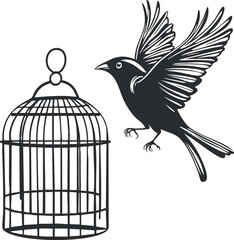 Fototapeta premium Black and white illustration of a bird flying near an open empty cage symbolizing freedom and escape.