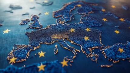 An abstract background with a digital texture of a map of Europe decorated with gold stars — suitable for presentations on business projects, European politics, cover designs, and banners.