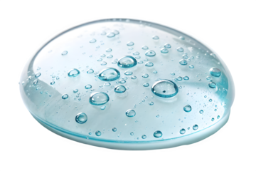 Close up of a clear glass marble with trapped air bubbles and aqua blue liquid isolated on transparent background