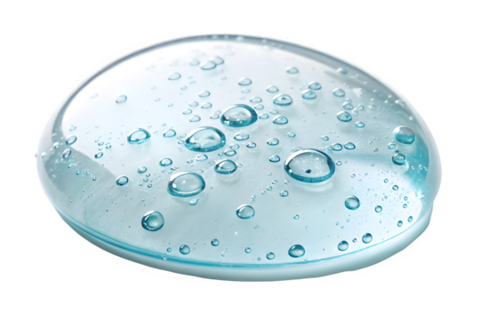 Close up of a clear glass marble with trapped air bubbles and aqua blue liquid isolated on transparent background