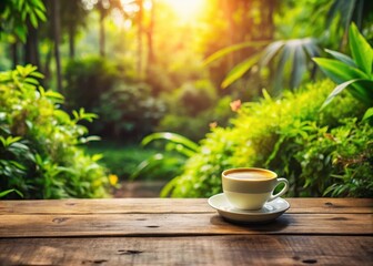 Cozy morning scene with a cup of coffee on a rustic wooden table surrounded by lush greenery and soft natural light