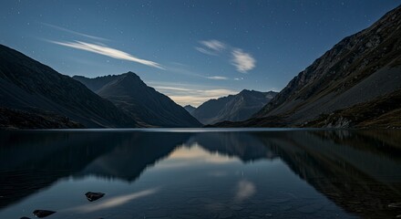 Serene Nightfall: Starry Sky Reflected in a Mountain Lake
