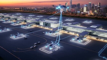 Futuristic aerial transportation hub at sunset with drones taking off and city skyline