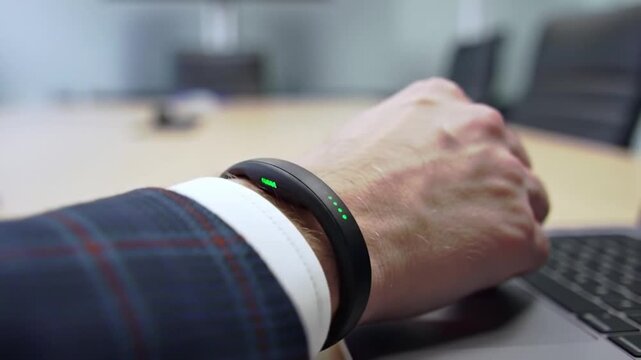 Businessmans Smart Fitness Tracker Displaying Progress in Office