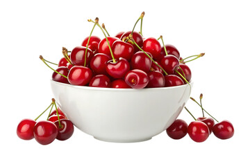 Fresh red cherries in white bowl on transparent background