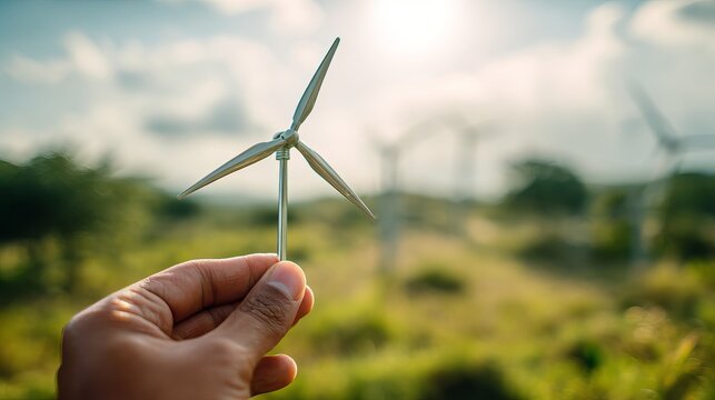A hand holds a small model wind turbine against a backdrop of larger turbines in a green landscape on a sunny day.