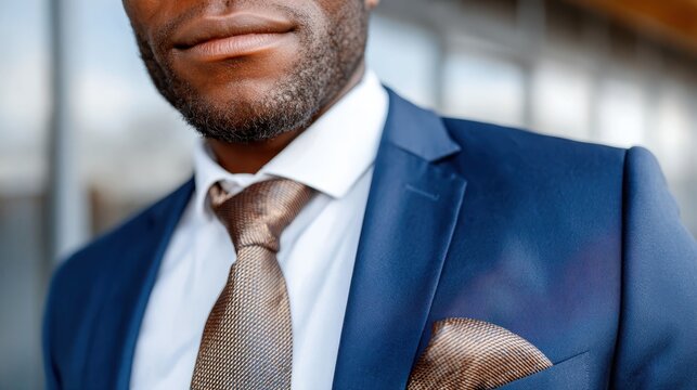 A stylish man dressed in a tailored business suit with a neatly knotted tie and a pocket square showcases elegance and confidence ideal for corporate settings and events.