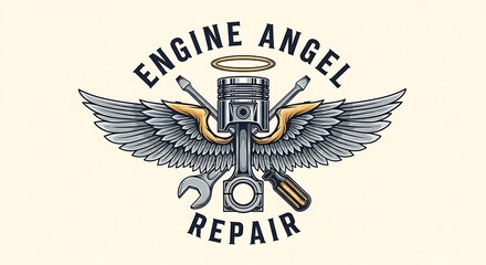 Intricate engine repair angel emblem, symbolizing mechanical expertise and divine maintenance skills