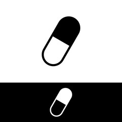 Simple black and white graphic of a pill capsule, displayed on two contrasting backgrounds.