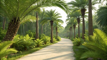 Fototapeta premium Scenic Pathway Through a Lush Palm Tree Forest with Tropical Greenery and Warm Sunlight