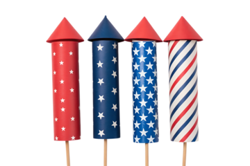 Patriotic fourth of july firework rockets on transparent background