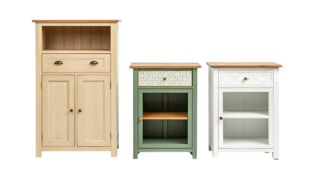 Rustic wooden cabinets with drawers and shelves on transparent background - Powered by Adobe