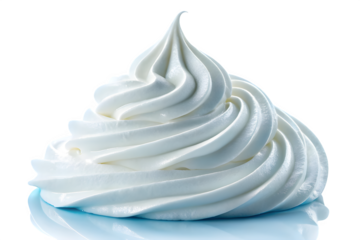 A swirl of fluffy white whipped cream or meringue frosting isolated on transparent background
