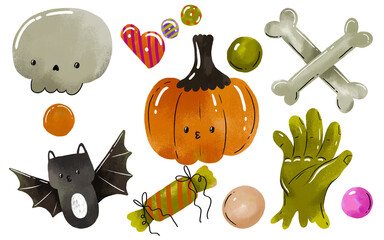 Halloween collection. Halloween set. Autumn holiday. Hand drawn watercolor illustration