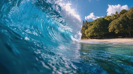 A wave is crashing on the shore of a beach. The water is blue and the sky is clear