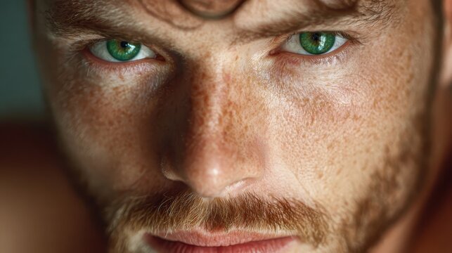 A close-up portrait of a man with striking green eyes and a rugged appearance, emphasizing the unique textures of his skin and facial hair, creating a captivating connection.