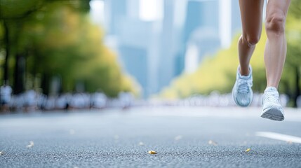 Athlete Woman Sprinting During Marathon Race, Motion Blur, City Background