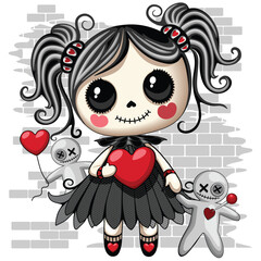 Gothic Voodoo Doll in Love Cute Cartoon Character Halloween and Valentine's Day Vector illustration 