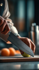 Chef hand slicing lime with sharp knife on cutting board, kitchen background, fresh ingredients, professional cooking, focused mood
