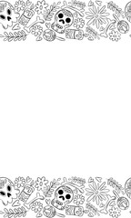 Border frame for traditional Mexican holiday dedicated to the memory of the dead. Skull, flowers, bones, guitar, border, frame