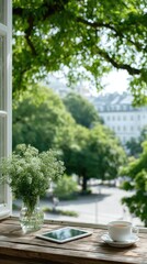 Bright City View from a Window with Tablet, Tea, and Flowers
