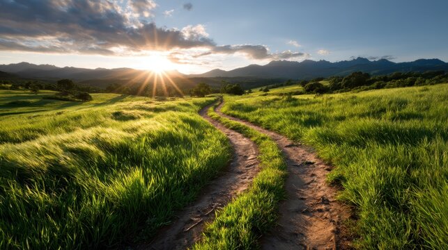 A winding dirt path gently leads through expansive lush green fields, framed by distant mountains and a radiant sunset, inspiring a sense of adventure and discovery.