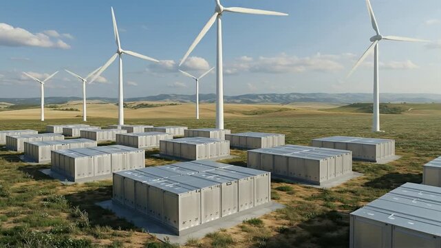 A landscape view of wind turbines and battery storage containers showcasing sustainable energy infrastructure