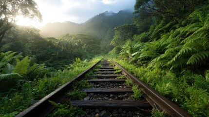 Fototapeta premium An enchanting scene depicting an overgrown railway track winding through dense greenery, illuminated by soft sunlight filtering through the trees.