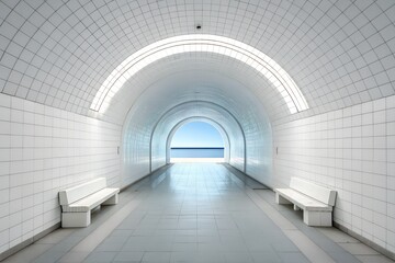 Bright White Tunnel Leading to the Sea with Benches on Either Side