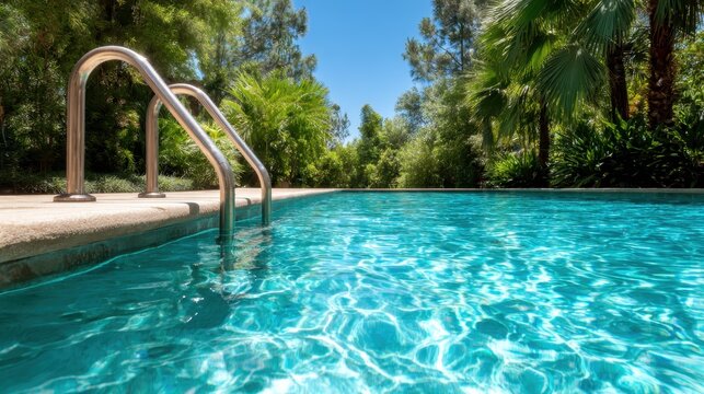 A vibrant swimming pool glistening under the sunlight, surrounded by rich green foliage, creating a refreshing oasis ideal for relaxation and rejuvenation.