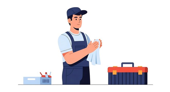 A diligent technician in overalls and a cap wipes his hands, standing proudly next to his toolbox after a job well done.