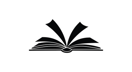 A black and white icon of an open book with pages flying out