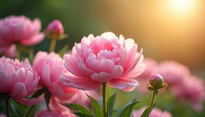Fototapeta premium Close-up of delicate pink peony flowers blooming in garden during golden hour. Soft petals, green leaves create beautiful, natural scene. Sunlight filters through, adding warmth, charm to floral