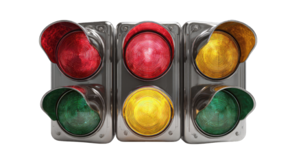 Three-light traffic signal.  Close-up, realistic