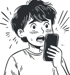 Black and white cartoon illustration of a surprised boy holding a smartphone with shocked expression