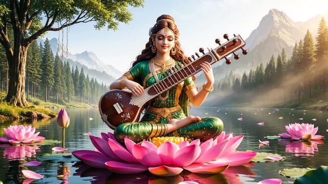 Saraswati Playing Veena on Lotus in Serene Landscape