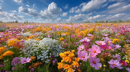 Fototapeta premium Vibrant, sun-drenched meadow is bursting with a multitude of colorful wildflowers. The idyllic summer scene is shot from a low angle under a blue sky.