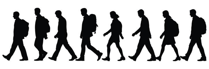 Walking People Silhouettes with Backpacks Isolated on White,Silhouettes of people walking create diverse demographic group for marketing use,