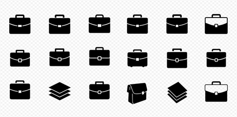 A collection of black silhouette briefcase and document icons on a transparent background.