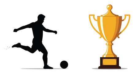 Rugby player kicking ball next to trophy cup