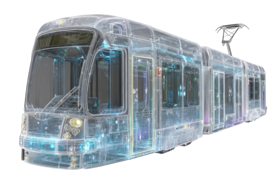 Transparent rendering of a light rail train's interior components