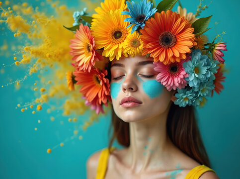 Beautiful young woman with vibrant flower crown on head. Colorful floral arrangement with gerbera daisies in orange, yellow, pink, blue. Subtle blue face paint, summer style fashion portrait, yellow