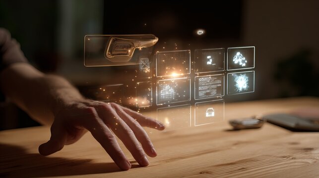 A male hand interacts with a futuristic holographic display, showcasing various digital icons and data in a dimly-lit environment. - Powered by Adobe