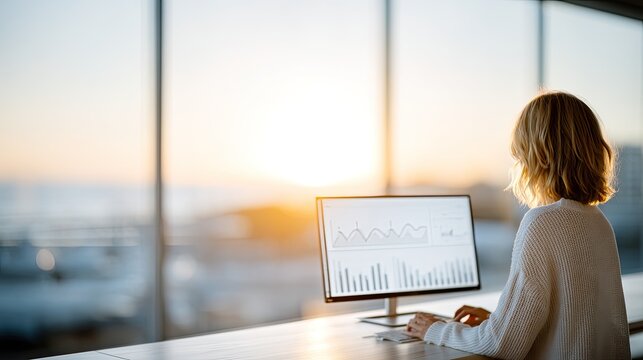 Businesswoman Analyzing Data on Computer Screen at Sunset