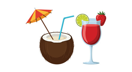 Coconut drink and fruit cocktail with umbrella and straw summer vacation