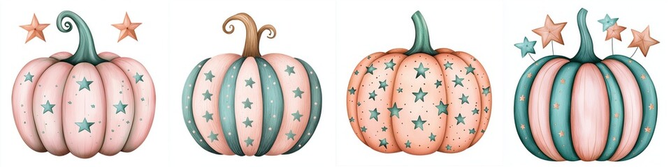 Whimsical pumpkins adorned with stars in watercolor style create charming autumn scene.