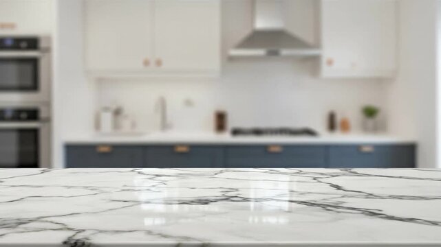 A marble countertop takes center stage with a kitchen featuring ovens cabinets and a range hood in the blurred background