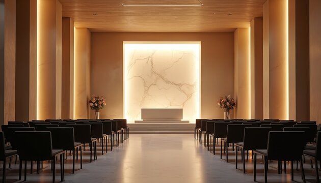 Modern crematorium with marble altar, soft lighting. Rows of black chairs face altar, with flower arrangements on side. Serene space designed for funeral ceremonies, memorial services, quiet