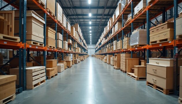 Expansive warehouse interior filled with tall shelves stacked high with various goods. Cardboard boxes, wooden crates organized on pallets, indicating large-scale storage, distribution facility.